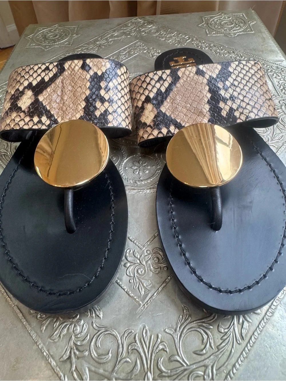 Tory Burch Snake-Print Disk Strap Gold Sandals